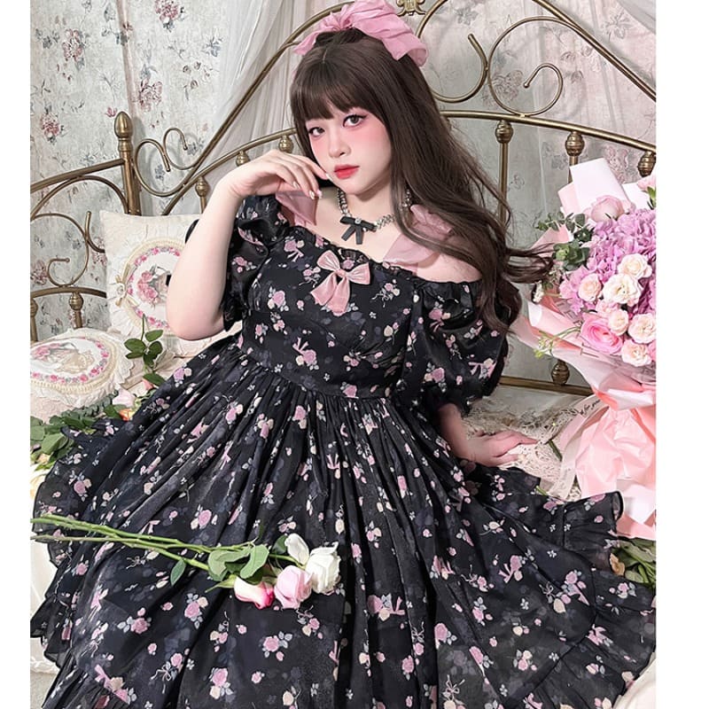 Princess Pink Roses Black Casual Lolita Dress