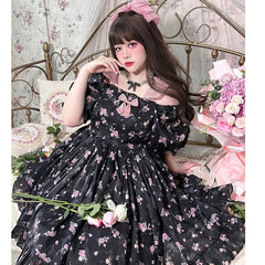 Princess Pink Roses Black Casual Lolita Dress