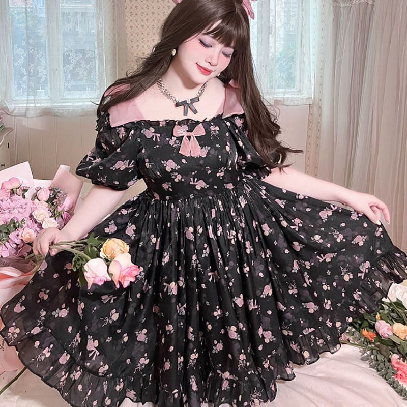 Princess Pink Roses Black Casual Lolita Dress