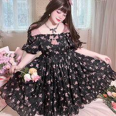 Princess Pink Roses Black Casual Lolita Dress