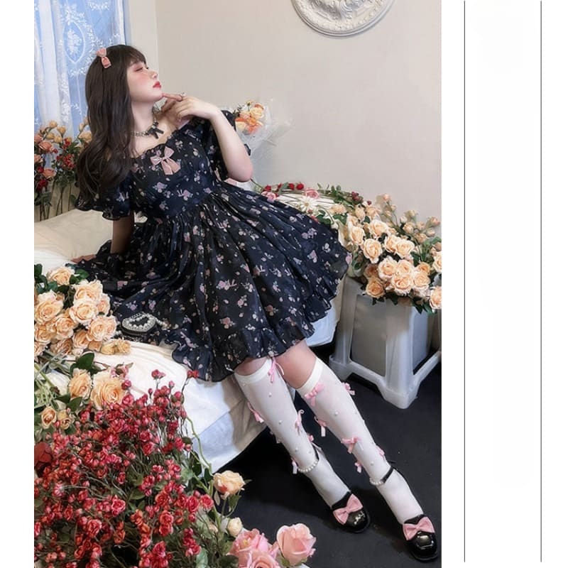 Princess Pink Roses Black Casual Lolita Dress