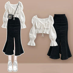 Puff Sleeve Irregular Dress Two Pieces Set