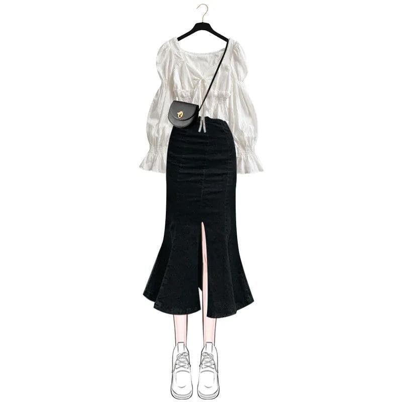 Puff Sleeve Irregular Dress Two Pieces Set