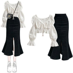 Puff Sleeve Irregular Dress Two Pieces Set