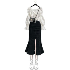 Puff Sleeve Irregular Dress Two Pieces Set