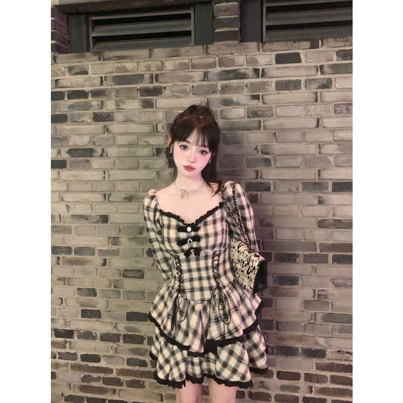 Punk Black and White Plaid Bow Dress