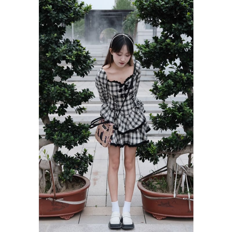 Punk Black and White Plaid Bow Dress