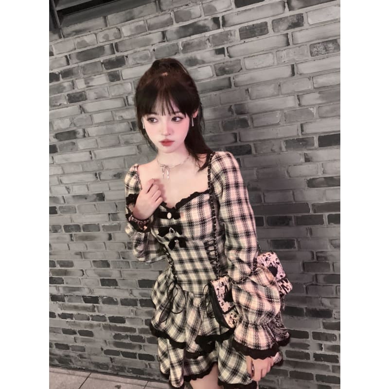 Punk Black and White Plaid Bow Dress