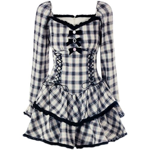 Punk Black and White Plaid Bow Dress