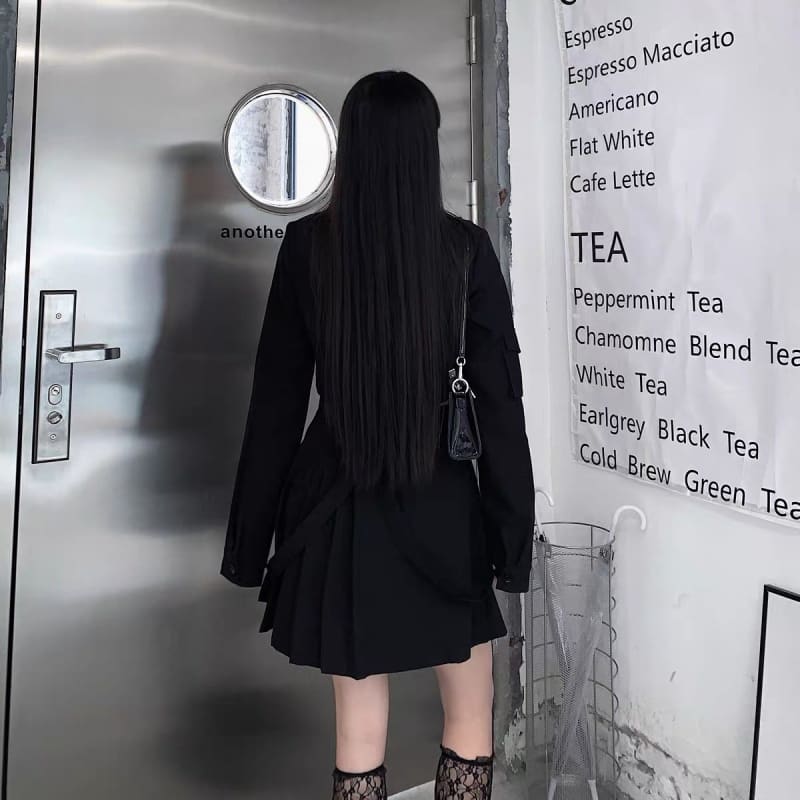 Punk Grunge Gothic Black Suit Blouse Skirt Set
