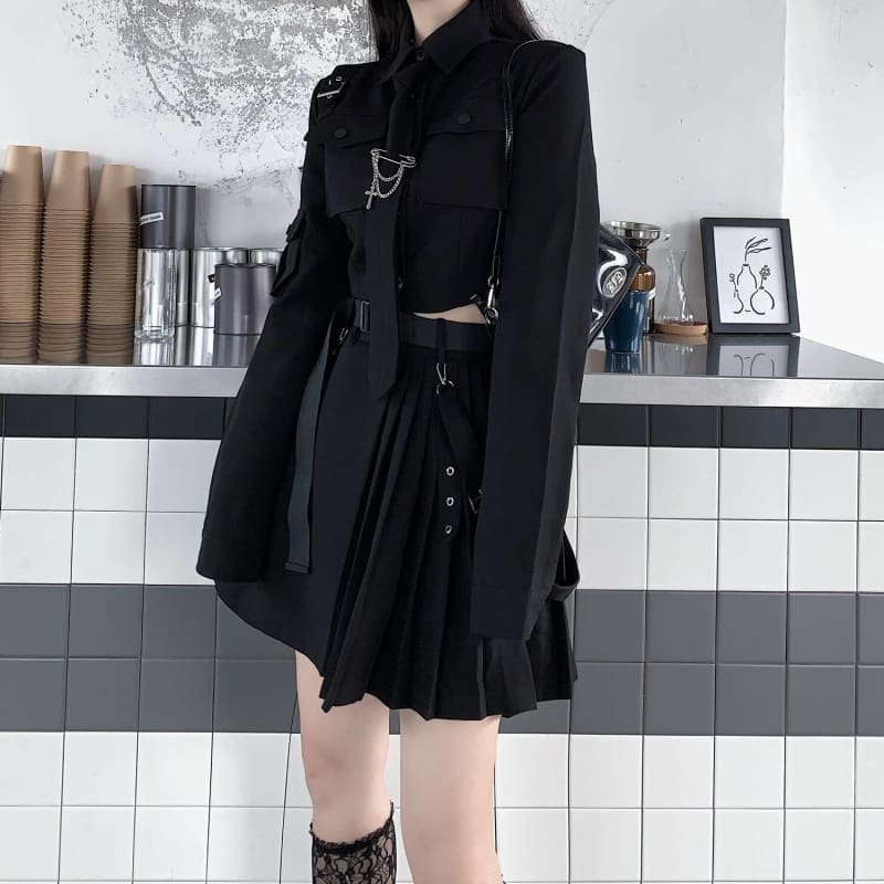 Punk Grunge Gothic Black Suit Blouse Skirt Set