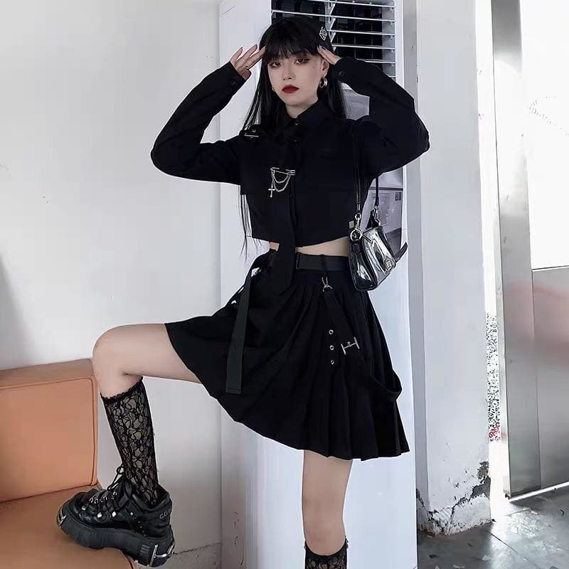 Punk Grunge Gothic Black Suit Blouse Skirt Set