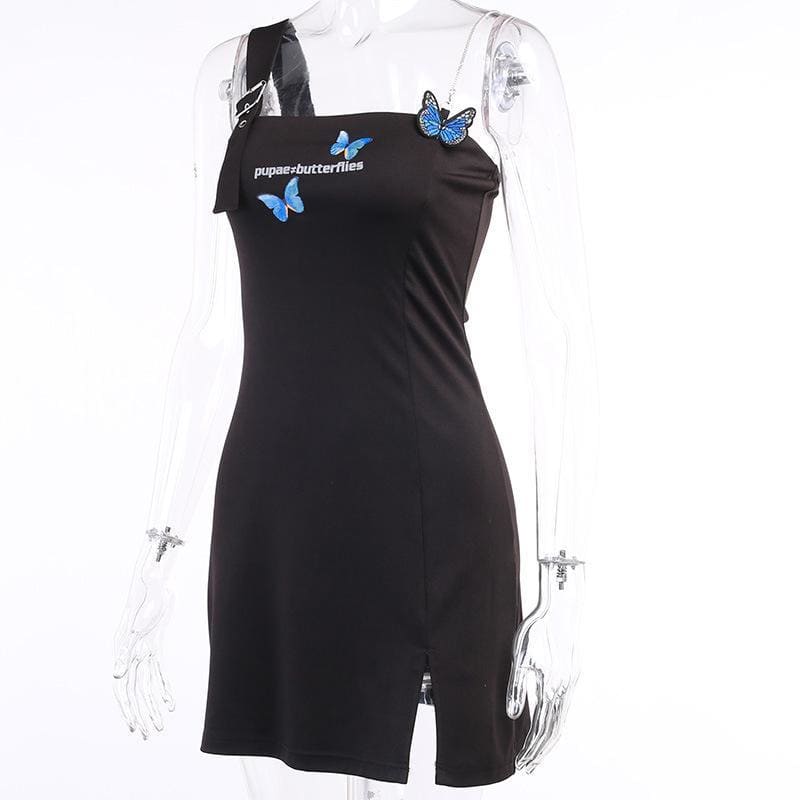 Punk Shoulder Belt Black Butterfly Dress