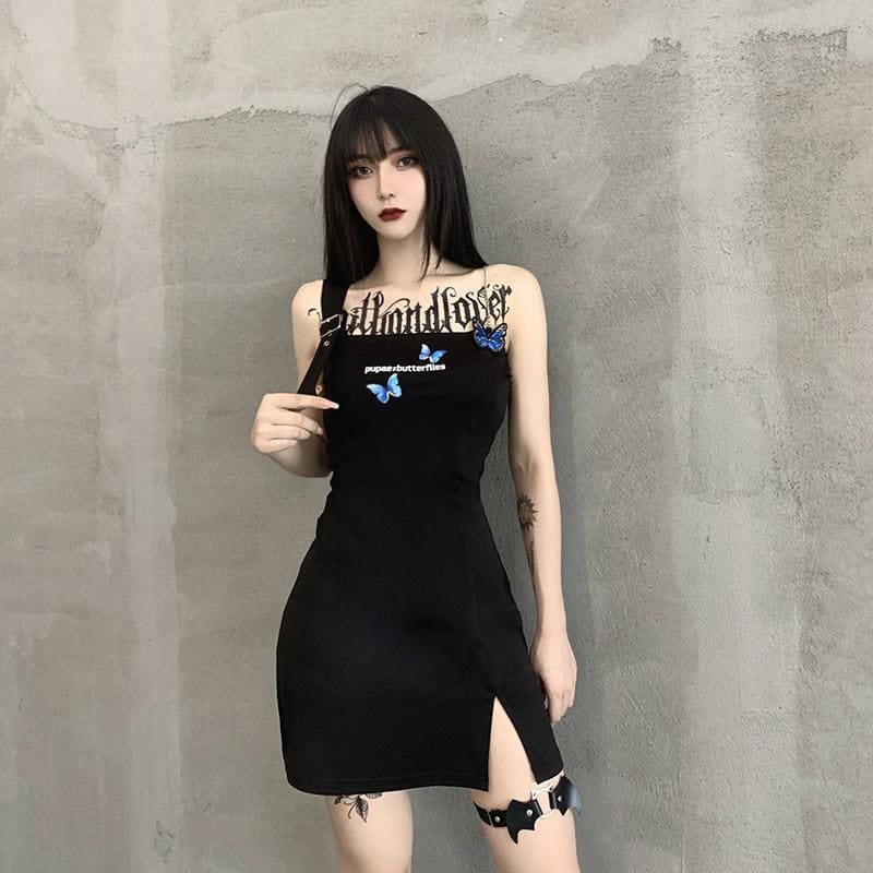 Punk Shoulder Belt Black Butterfly Dress