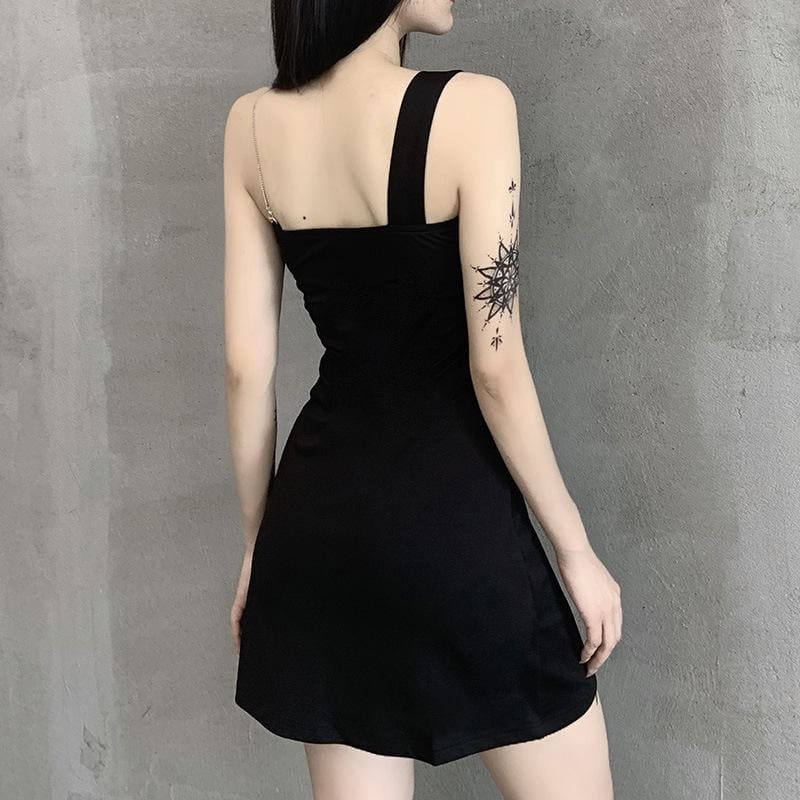 Punk Shoulder Belt Black Butterfly Dress