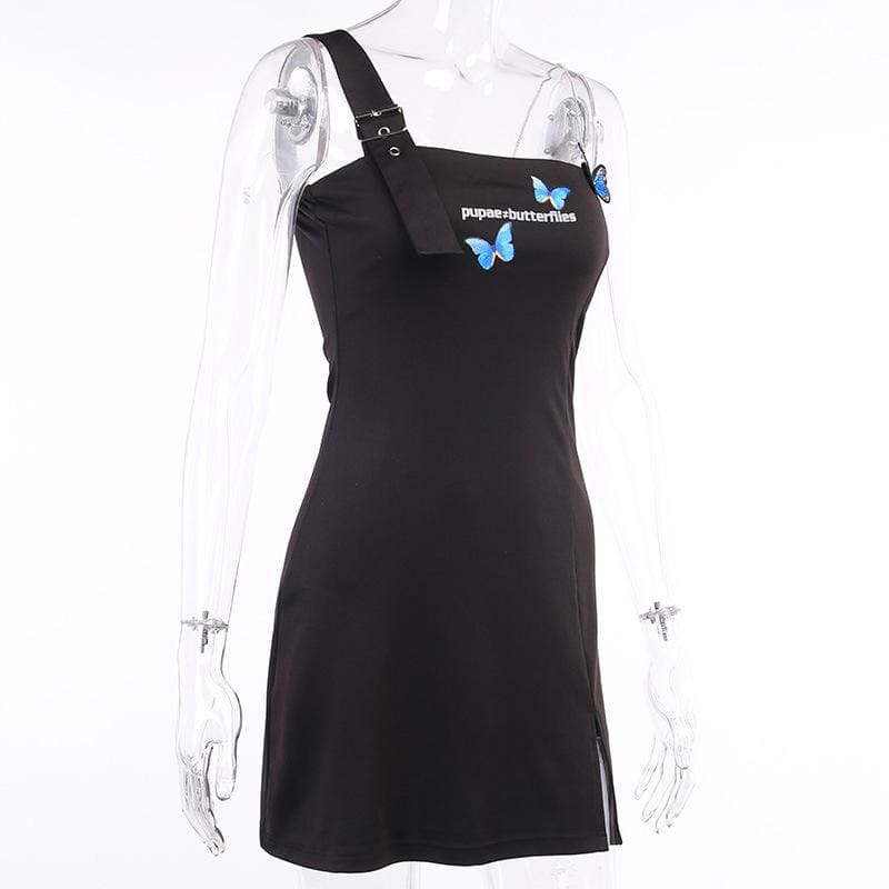 Punk Shoulder Belt Black Butterfly Dress