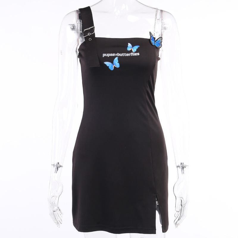 Punk Shoulder Belt Black Butterfly Dress