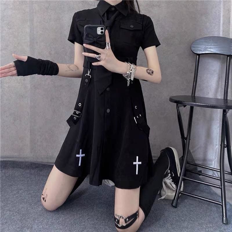 Punk Style Belts Short Sleeve Cross Dress EE0901