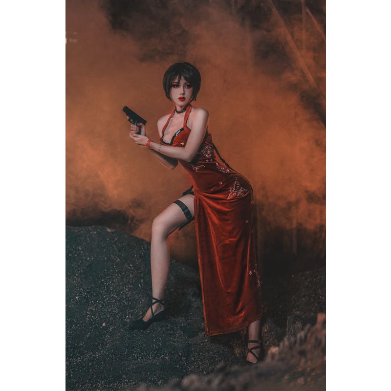 Resident Evil 4 Ada Wong Golden Butterfly Red Dress Cosplay Costume