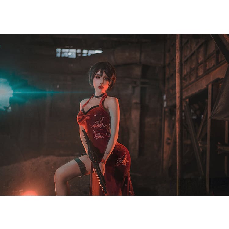 Resident Evil 4 Ada Wong Golden Butterfly Red Dress Cosplay Costume