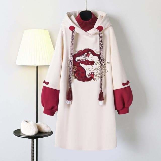 Retro Cute Print Hooded High-necked Sweatshirt Dress