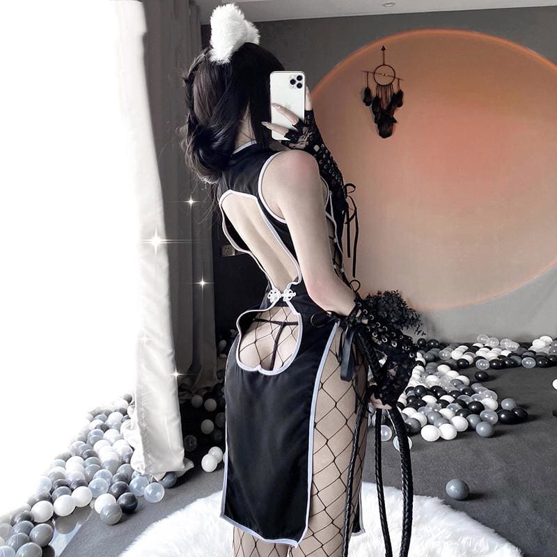 Retro Uniform Seduces Hollow Out High Slits Cheongsam Pajamas EE0821
