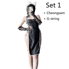 Retro Uniform Seduces Hollow Out High Slits Cheongsam Pajamas EE0821