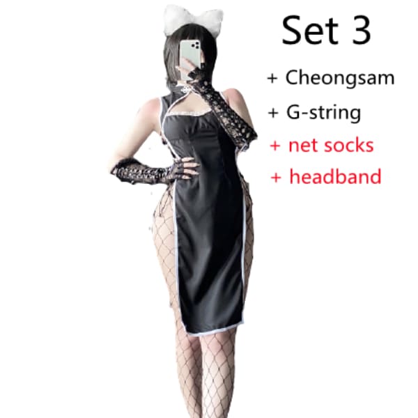Retro Uniform Seduces Hollow Out High Slits Cheongsam Pajamas EE0821