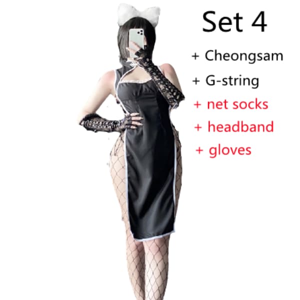 Retro Uniform Seduces Hollow Out High Slits Cheongsam Pajamas EE0821