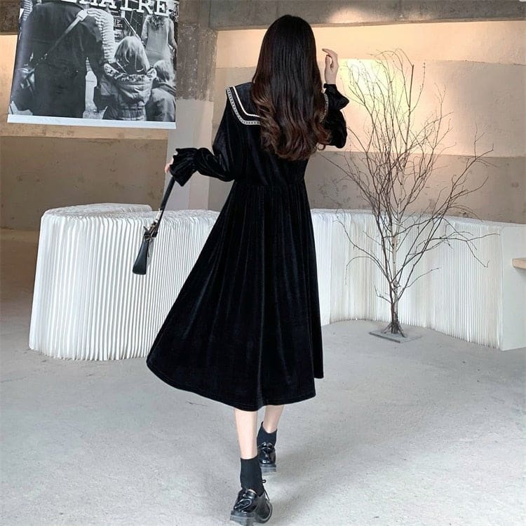 S-4XL Plus Size Black Red Long Sleeve Sweet Navy Collar Velvet Dress