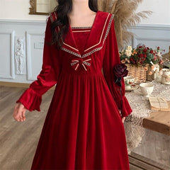 S-4XL Plus Size Black Red Long Sleeve Sweet Navy Collar Velvet Dress