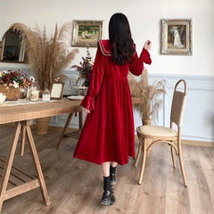 S-4XL Plus Size Black Red Long Sleeve Sweet Navy Collar Velvet Dress