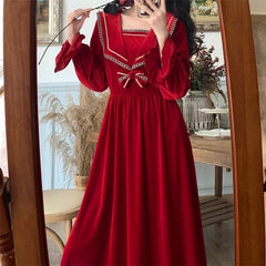 S-4XL Plus Size Black Red Long Sleeve Sweet Navy Collar Velvet Dress