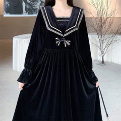 S-4XL Plus Size Black Red Long Sleeve Sweet Navy Collar Velvet Dress
