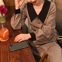 S-4XL Plus Size Long Sleeve High Waist Vintage Plaid Dress