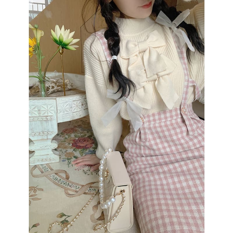 S-XL Korean Kawaii Plaid Strap Sweet Bow Pink Midi Dress Set