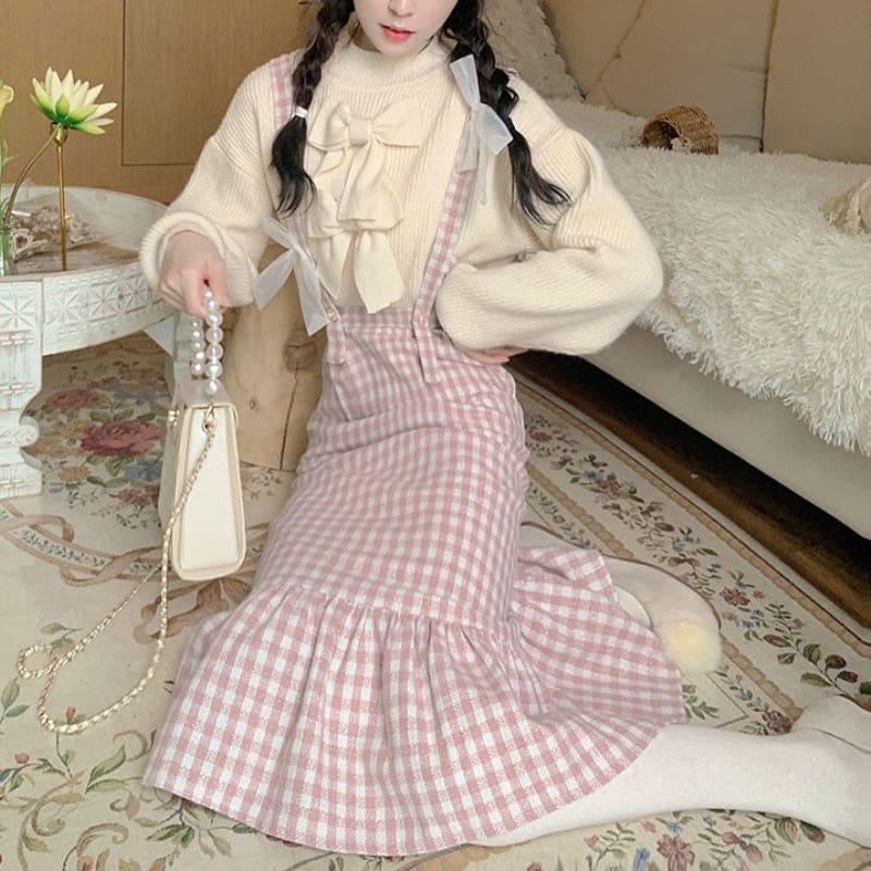 S-XL Korean Kawaii Plaid Strap Sweet Bow Pink Midi Dress Set