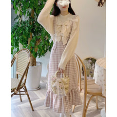 S-XL Korean Kawaii Plaid Strap Sweet Bow Pink Midi Dress Set