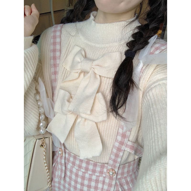 S-XL Korean Kawaii Plaid Strap Sweet Bow Pink Midi Dress Set