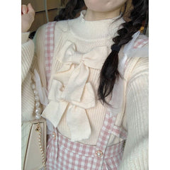 S-XL Korean Kawaii Plaid Strap Sweet Bow Pink Midi Dress Set