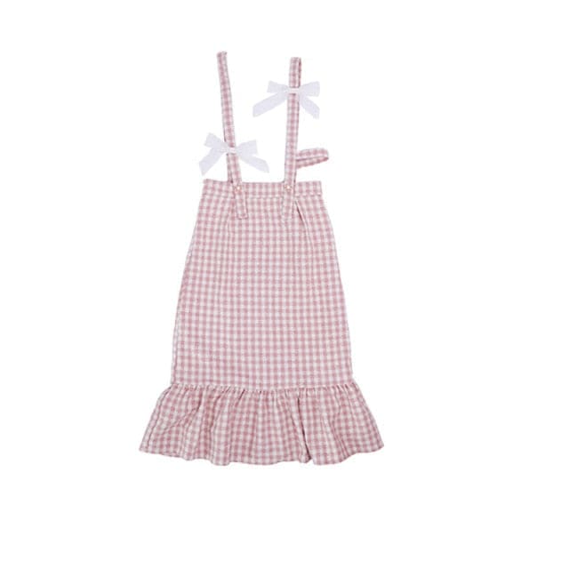 S-XL Korean Kawaii Plaid Strap Sweet Bow Pink Midi Dress Set
