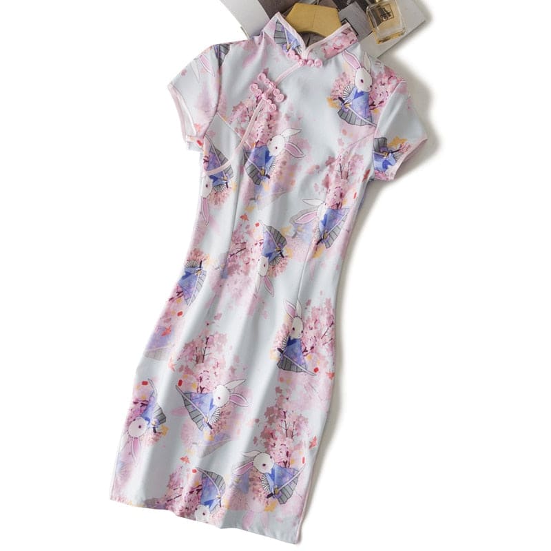 S-XXL Cute Anime Rabbit Cherry Blossom Pink Cheongsam Dress