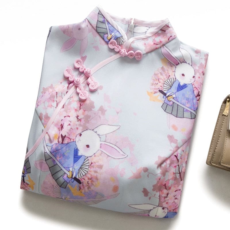 S-XXL Cute Anime Rabbit Cherry Blossom Pink Cheongsam Dress