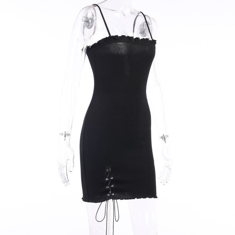 Simple Goth Side Lace Hip Drawstring Dress EE0855
