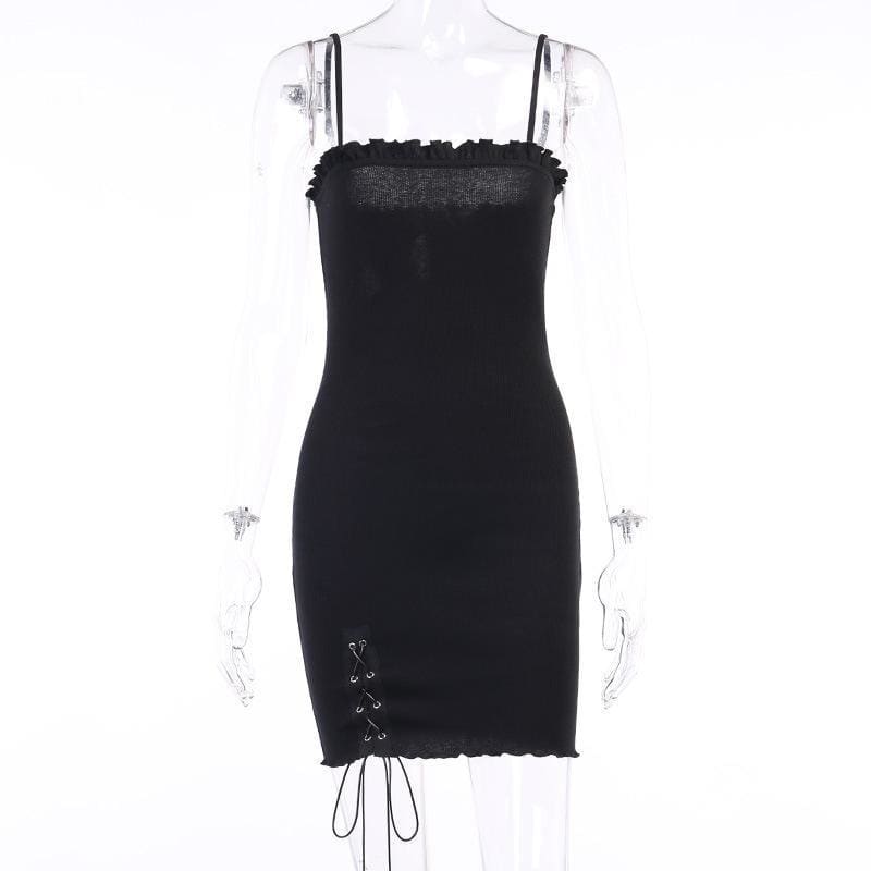 Simple Goth Side Lace Hip Drawstring Dress EE0855