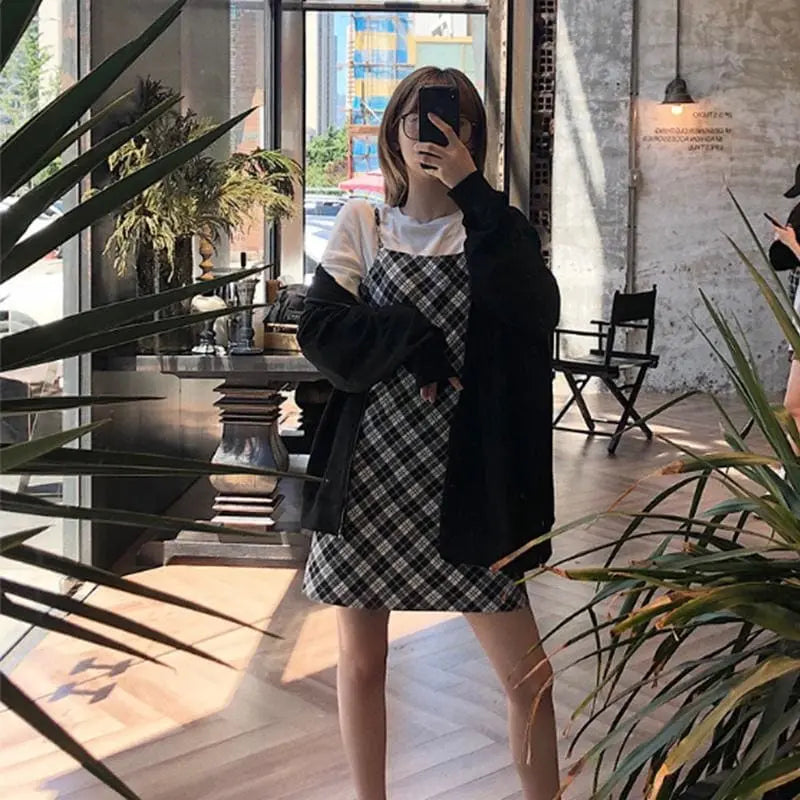 Sleeveless Plaid Spaghetti Strap Slim Fit Slip Dress