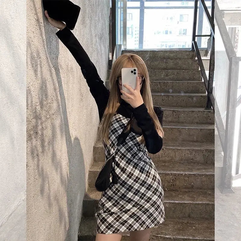 Sleeveless Plaid Spaghetti Strap Slim Fit Slip Dress