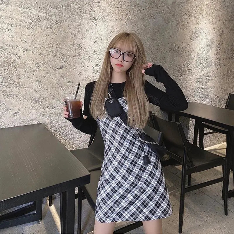 Sleeveless Plaid Spaghetti Strap Slim Fit Slip Dress