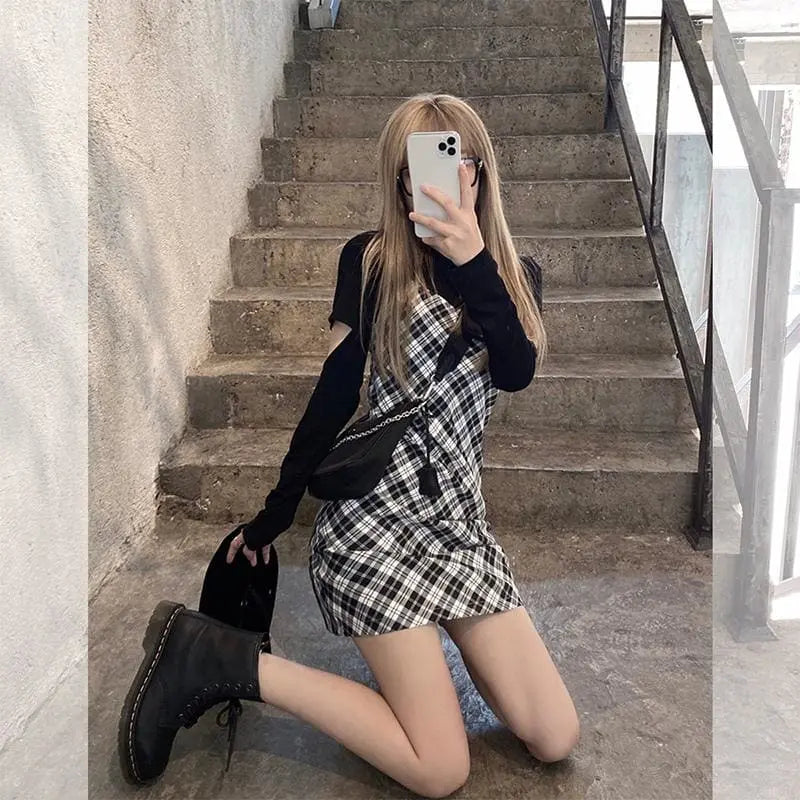 Sleeveless Plaid Spaghetti Strap Slim Fit Slip Dress