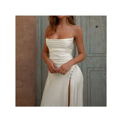 Spaghetti Strap Plain Lace-Up Side-Slit Midi A-Line Dress OD13